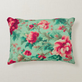 Exquisite Red Flowers and Grönt Löv Prydnadskudde