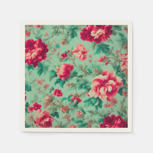 Exquisite Red Flowers and Lush Grönt Löv Pappersservett (Framsidan)