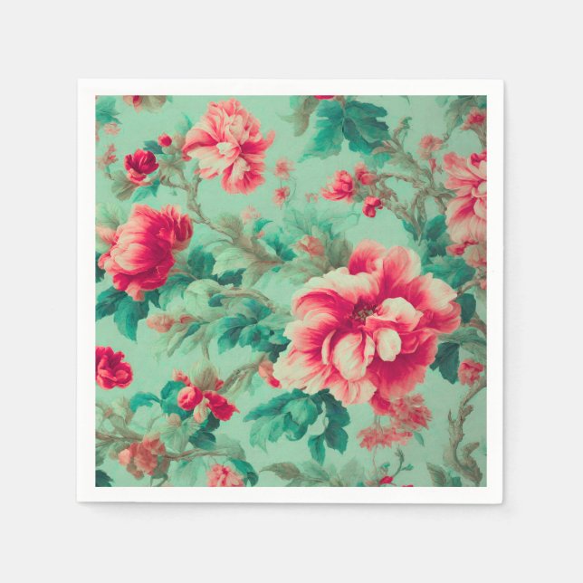 Exquisite Red Flowers and Lush Grönt Löv Pappersservett (Framsidan)