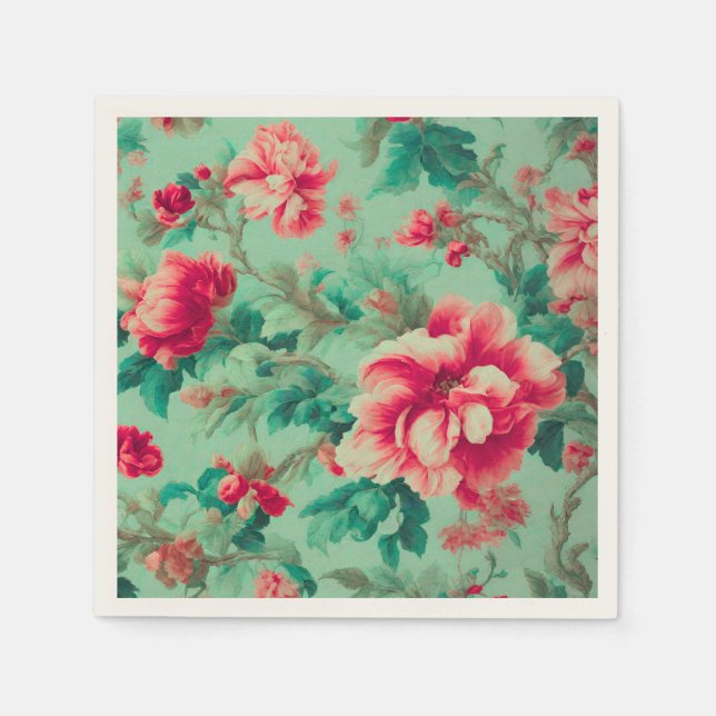 Exquisite Red Flowers and Lush Grönt Löv Pappersservett (Framsidan)