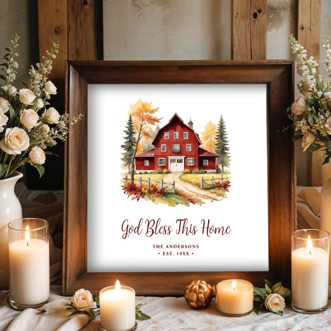 Exquisite Red Rustic Barn Classic Farmhouse Stil Poster (Exquisite Red Rustic Barn Classic Farmhouse Style Square Posters with Personalized Family Name.)