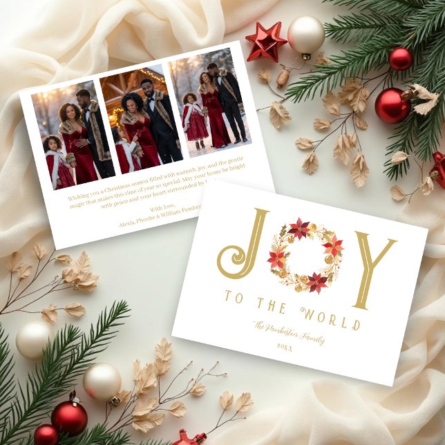 Exquisite Red Tones and Faux Gold Christmas Wreath Julkort (Exquisite Red Tones and Faux Gold Christmas Wreath Holiday Cards with Back 3-Photo)