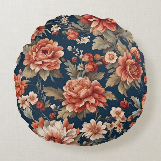 Exquisite Retro Orange Ro, Löv and Flowers Rund Kudde (Framsidan)