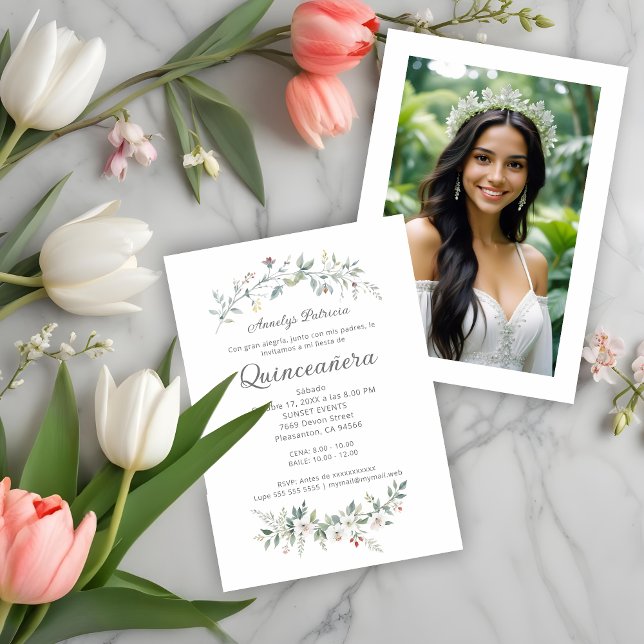 Exquisite Romantic Minimal Spring Floral Branches Inbjudningar (Exquisite Romantic Minimalist Spring Floral Bouquet Quinceañera Spanish Invitations Cards with Photo)