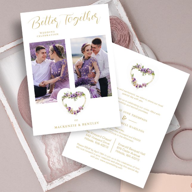Exquisite Romantic Purple Shades Floral Heart Inbjudningar (Exquisite Romantic Purple Shades Floral Heart & Faux Gold 2 Photos Wedding Invitation with Envelope.)