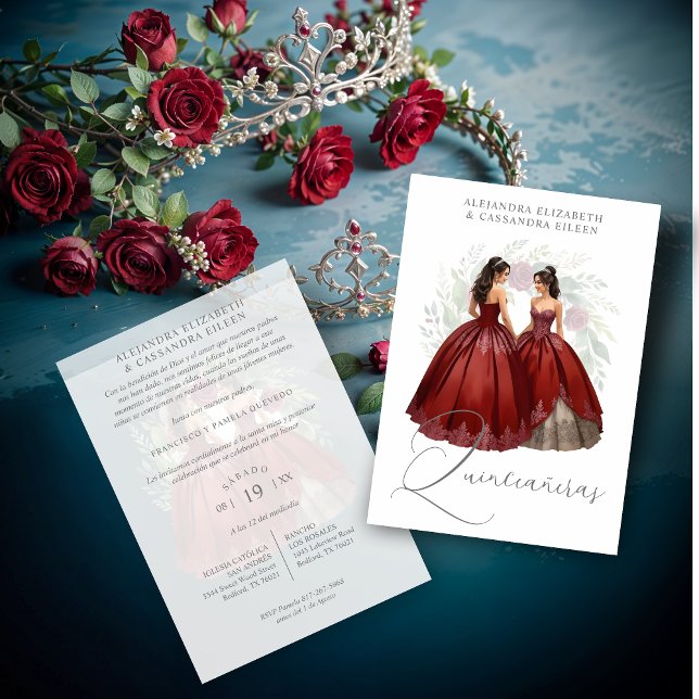 Exquisite Romantic Spanish Quinceañera Dolls Twins Inbjudningar (Exquisite Romantic Spanish Quinceañera Dolls Twins Burgundy Invitations Cards.)