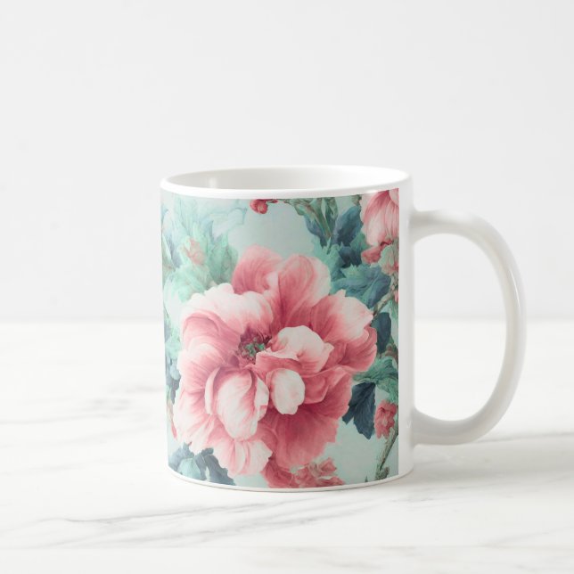 Exquisite Rosa Claret Flowers, Grönt Blue Löv Kaffemugg (Höger)