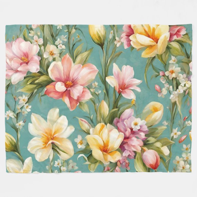 Exquisite Rosa, Gult Magnolia with White Flowers Fleecefilt (Framsidan (Horisontell))