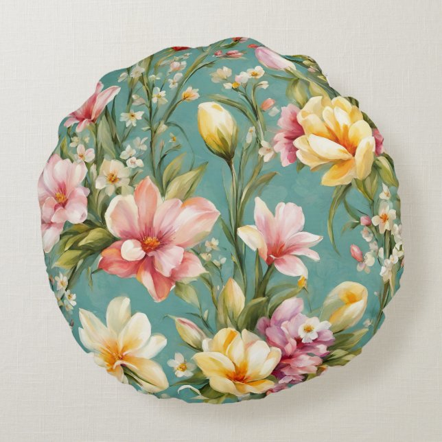 Exquisite Rosa, Gult Magnolia with White Flowers Rund Kudde (Baksidan)