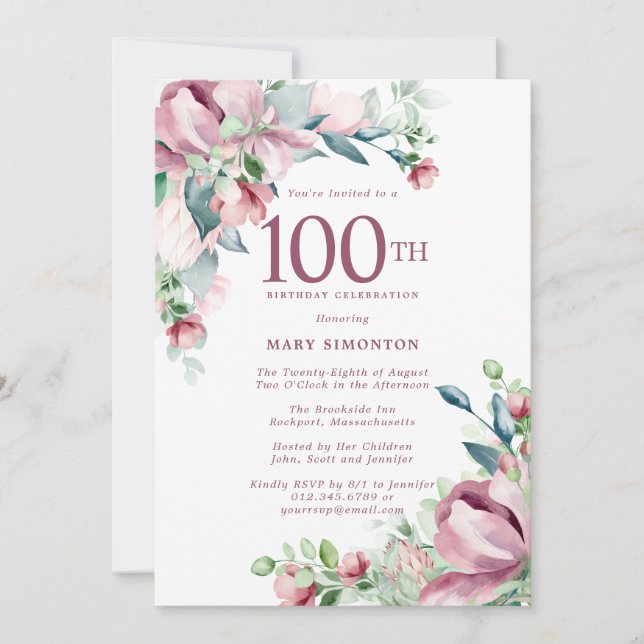 Exquisite Rosa ros Blommigt 100 Birthday Inbjudningar (Framsida)