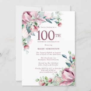Exquisite Rosa ros Blommigt 100 Birthday Inbjudningar