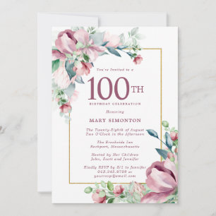 Exquisite Rosa ros Blommigt 100 Birthday Inbjudningar