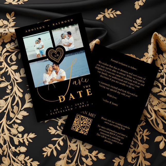 Exquisite Snöre Guld & Black 3 Multi Photos Spara Datumet (Exquisite Faux Lace Gold and Black 3 Multi Photos Collage Wedding Save the Date Card. )