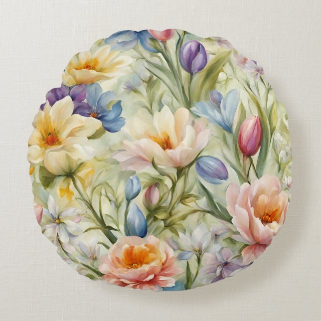Exquisite Sophisticated Vår blommor. Färgning Rund Kudde (Framsidan)