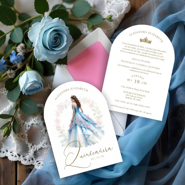 Exquisite Spanish Doll Quinceañera in Blue & Pink Inbjudningar (Exquisite Romantic Chic Spanish Doll Quinceañera in Blue & Pink Ball Gown Invitations Cards.)