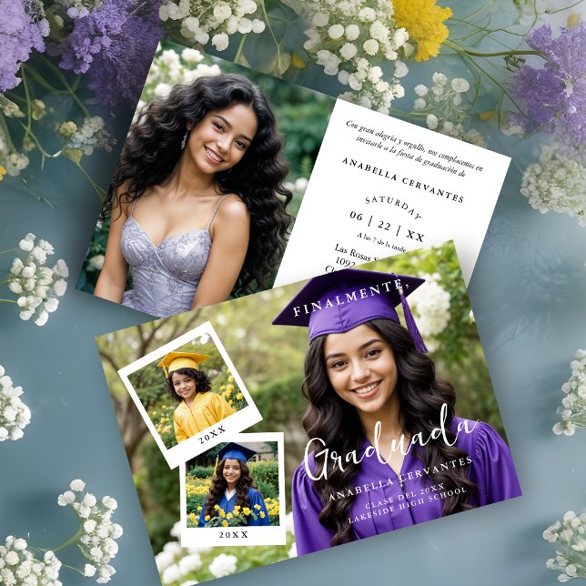 Exquisite Spanish Script Collage 4 Photos Timeline Inbjudningar (Exquisite Spanish Script Collage 4 Photos Timeline Graduation Party Invitation Card with Funny Quote)