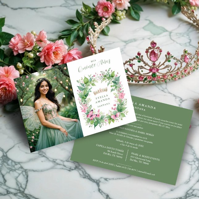 Exquisite Spring Tiara Green & Pink Floral Spanish Inbjudningar (Exquisite Spring Tiara Green & Pink Floral Spanish Quinceañera Photo Invitations Cards. )