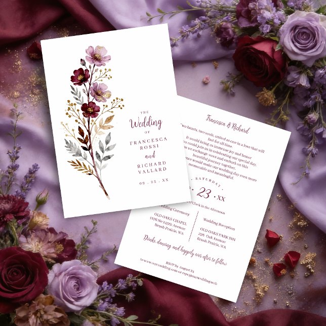 Exquisite Stylish Spring Botanical Purple Tones  Inbjudningar (Stylish Spring Botanical Purple-Toned Exquisite Branches Wedding Card Design.)