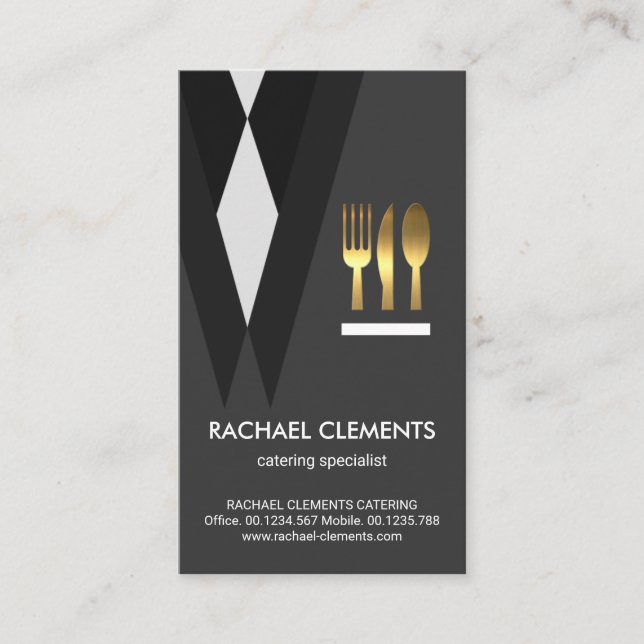 Exquisite Tuxedo Servitör Kostym Guld Cutlery Visitkort (Framsida)