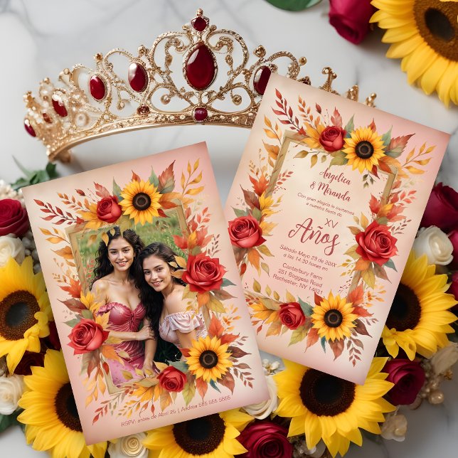 Exquisite Twins Botanical Frame Spanish Photo XVs Inbjudningar (Exquisite Twins Sisters Botanical Frame Spanish Photo Mis XV Invitations Cards. )