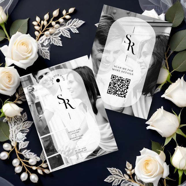 Exquisite Vellum Transparency Black White Initiale Spara Datumet (Exquisite Delicate Vellum Transparency Elegant Black & White Wedding Initials 2 Photos Save the Date)