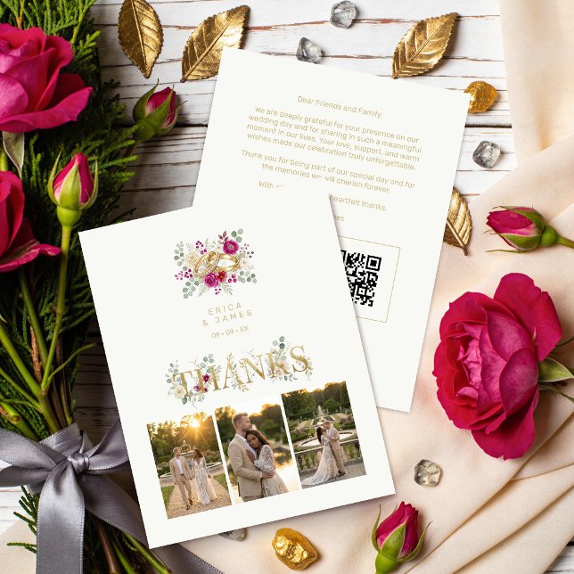 Exquisite Wedding Gold Rings Floral TLW26 Tack Kort (Exquisite Gold Rings Wedding Thank You Card with Elegant Cream Floral Bouquet Watercolor Effect.)