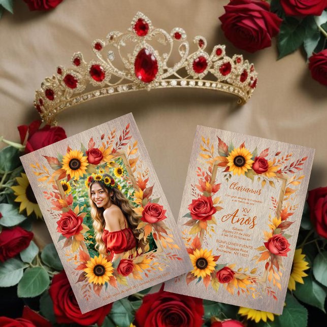 Exquisite Wood Botanical Frame Spanish Photo XVs Inbjudningar (Exquisite Summer Rustic Wood Botanical Frame Spanish Photo Quineañera Invitations Cards.)