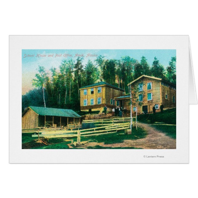 Exteriell visning av skolhus och postkontor hälsningskort (Framsidan Horizontal)