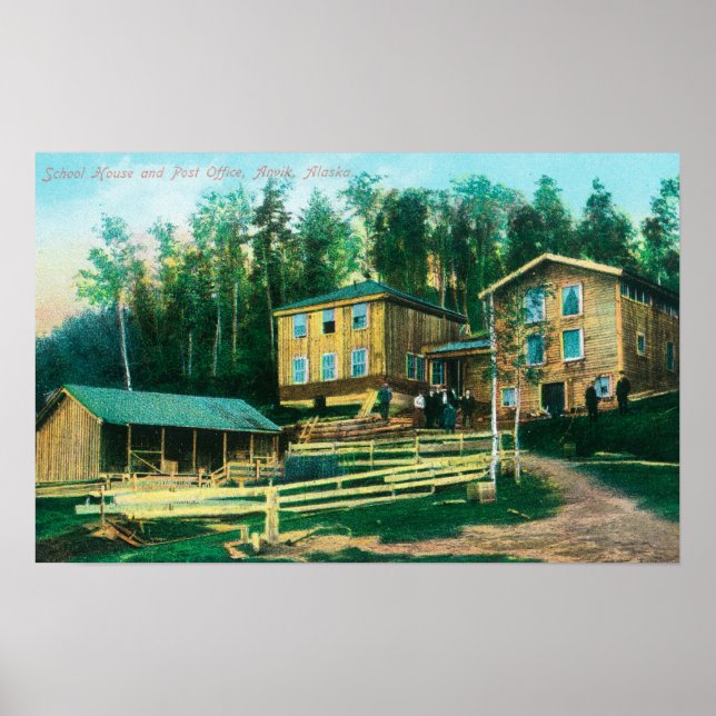 Exteriell visning av skolhus och postkontor poster (Framsidan)