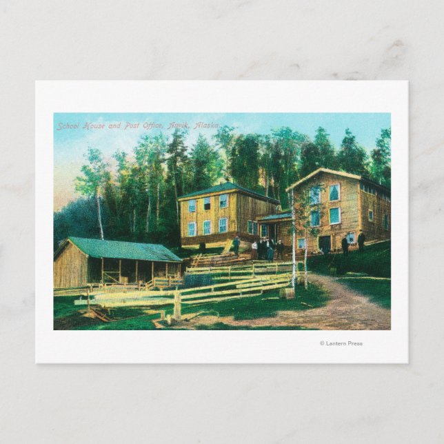 Exteriell visning av skolhus och postkontor vykort (Framsida)