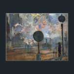 Exteriör av Gare Saint-Lazare av Claude Monet Vykort<br><div class="desc">Exteriör av Gare Saint-Lazare, signalen (1877) av Claude Monet är en vintage-impressionistisk konstmålning, en del av en serie på 12 målningar. Gare Saint-Lazare, en av Paris största och mest trafikerade järnvägsstationer. Om konstnären: Claude Monet var en grundare av den franska impressionistiska målerirörelsen med de flesta av hans målningar som "en...</div>