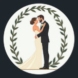 Externt Kärlek Bröllop par Sticker Runt Klistermärke<br><div class="desc">Fira bröllop kärlek med den här eleganten illustration av en brud och en groom omgiven av en klassisk lagerkrans,  perfekt för bröllop dekorationer och speciella ögonblick.</div>