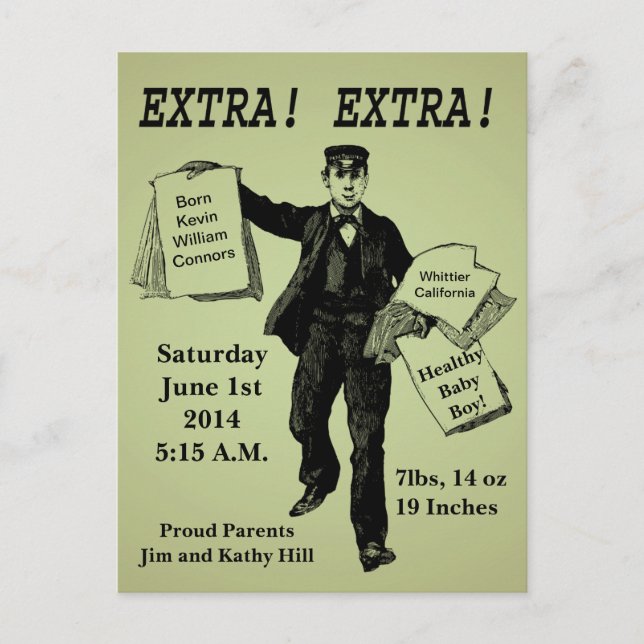 Extra! Extra! Vintage Newspaper Baby Annoucement Vykort (Framsida)