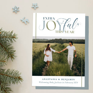 Extra Glädjefull Blå och Grön Vintage Graviditet Julkort