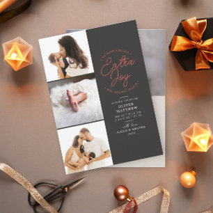 Extra Joy Photo Grått Helgdag Birth Notice Julkort