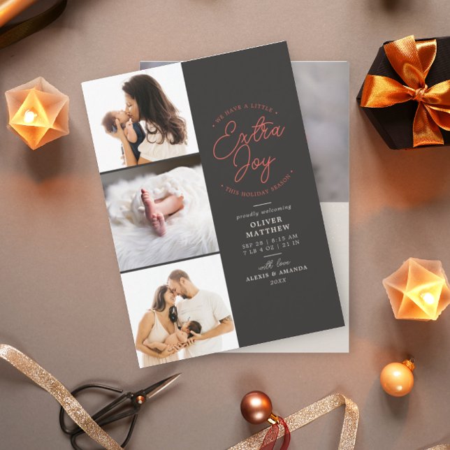 Extra Joy Photo Grått Helgdag Birth Notice Julkort (Skapare uppladdad)