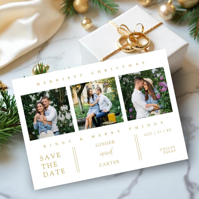 Extra Minimal Christmas Collage 3 Photos Wedding Spara Datumet (Extra Minimalist Christmas Collage 3 Photos Wedding in White & Faux Gold Save the Dates Cards.)