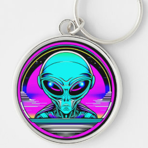 Extra Terrestrial Alien som flyger i UFO Rund Silverfärgad Nyckelring