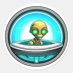 Extra Terrestrial Alien som flyger i UFO Runt Klistermärke