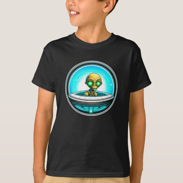 Extra Terrestrial Alien som flyger i UFO T Shirt (Framsida)