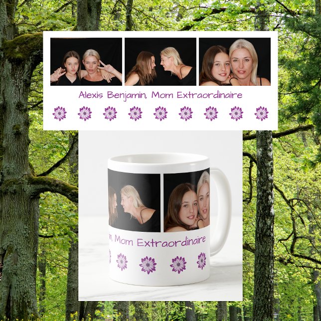 Extraordinaire namn Mamma Best Mamma någonsin + 3  Kaffemugg (Mom Extraordinaire. Or Best Mom Ever. Personalized name + 3 photos + flowers. Cute Mother's Day gift)