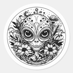 Extraterrestrial Alien i Flowers Black and White Runt Klistermärke