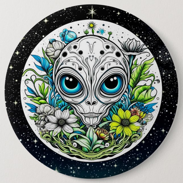 Extraterrestrial Alien in Flowers Starry Night Knapp (Framsida)