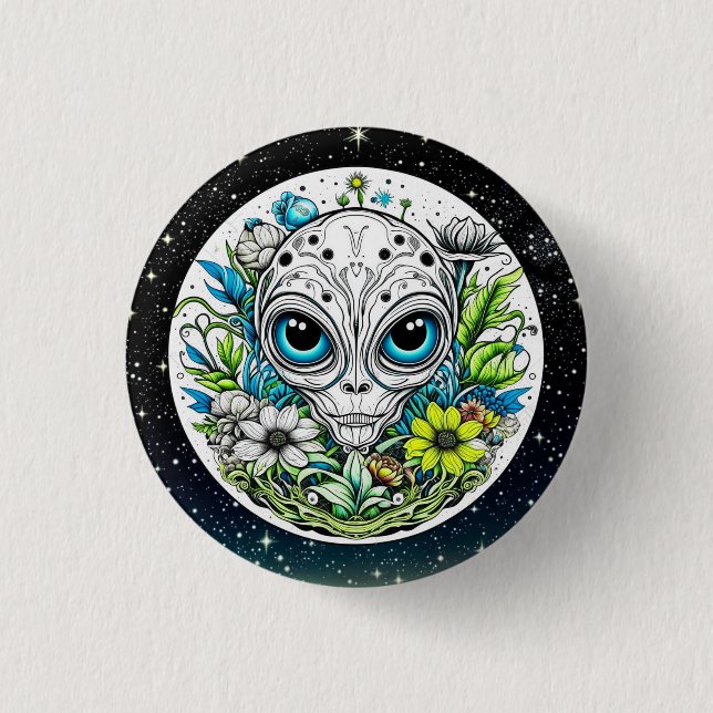 Extraterrestrial Alien in Flowers Starry Night Knapp (Framsida)