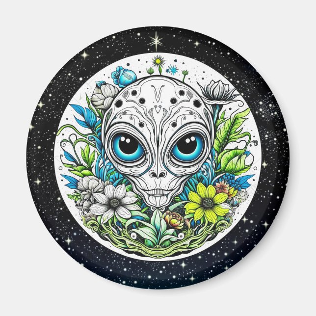 Extraterrestrial Alien in Flowers Starry Night Magnet (Framsidan)
