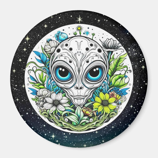 Extraterrestrial Alien in Flowers Starry Night Magnet (Framsidan)