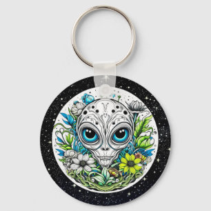 Extraterrestrial Alien in Flowers Starry Night Nyckelring