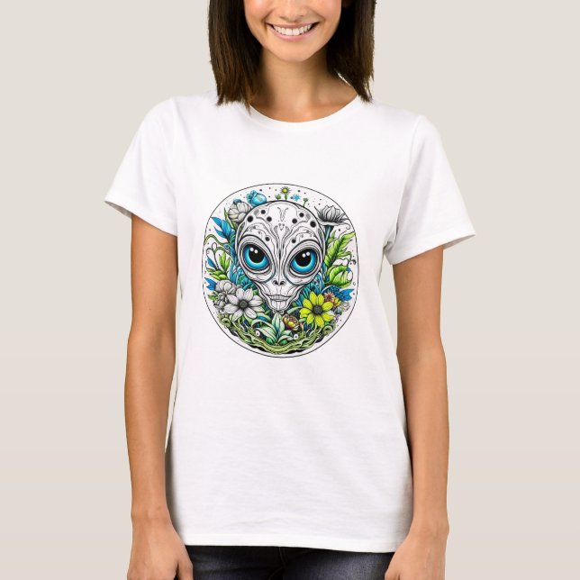 Extraterrestrial Alien in Flowers Starry Night T Shirt (Framsida)