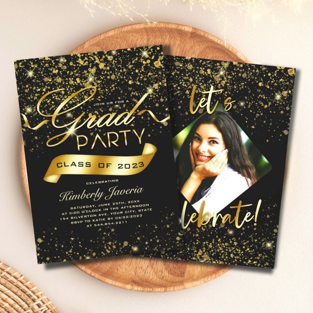 Extravagant Black & Guld Glitter Grad Party Inbjudningar (Skapare uppladdad)