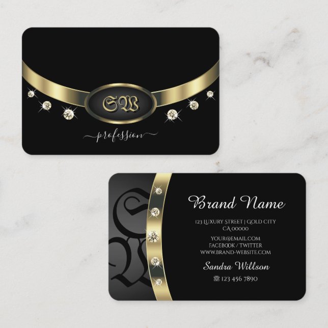 Extravagant Black och Guld Monogram och diamanter Visitkort (Fram/baksida)